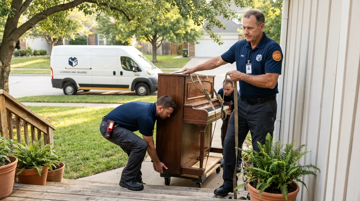 Licensed piano movers securing grand piano in Hudson, OH