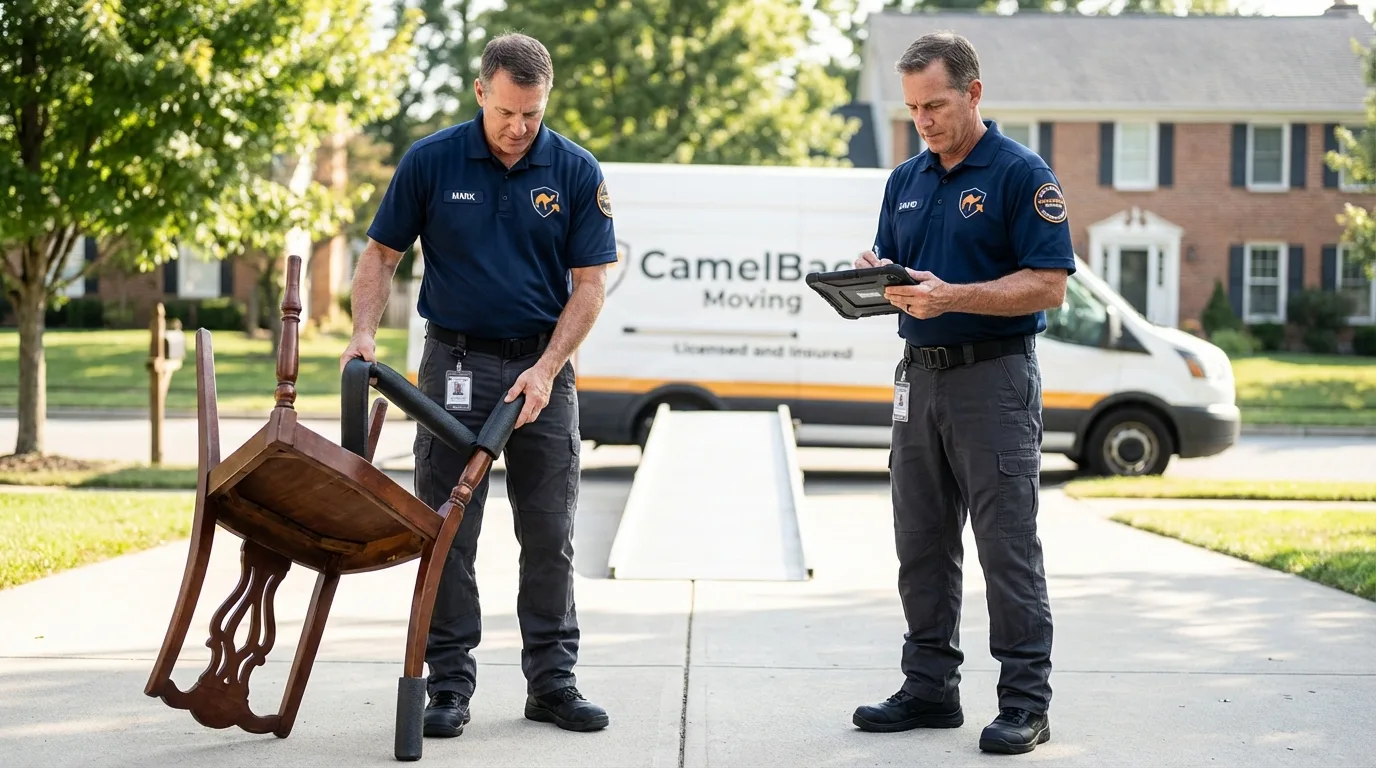Movers inspecting furniture for damage prevention before loading in Hudson, OH