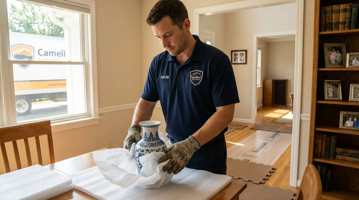 Professional crew carefully wrapping antique vase for senior downsizing move in Hudson, OH