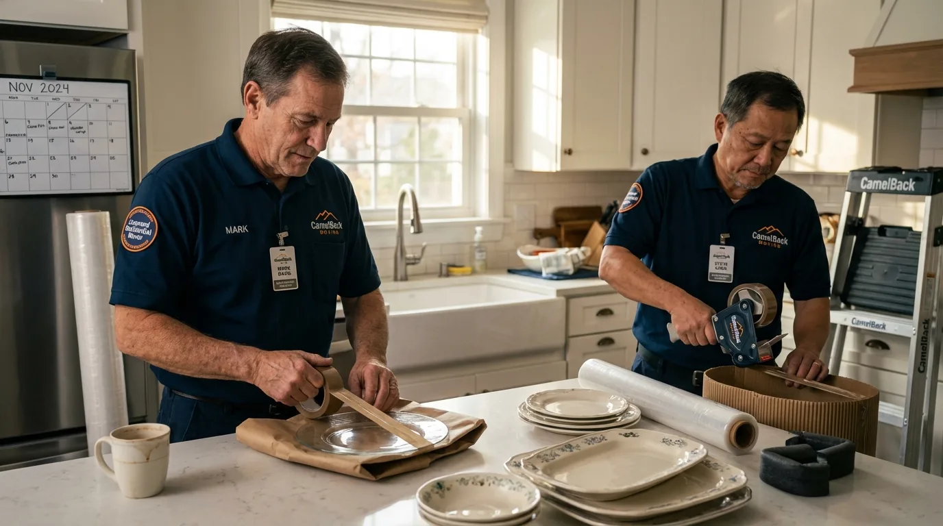 Professional crew packing kitchen dishware in Hudson, OH